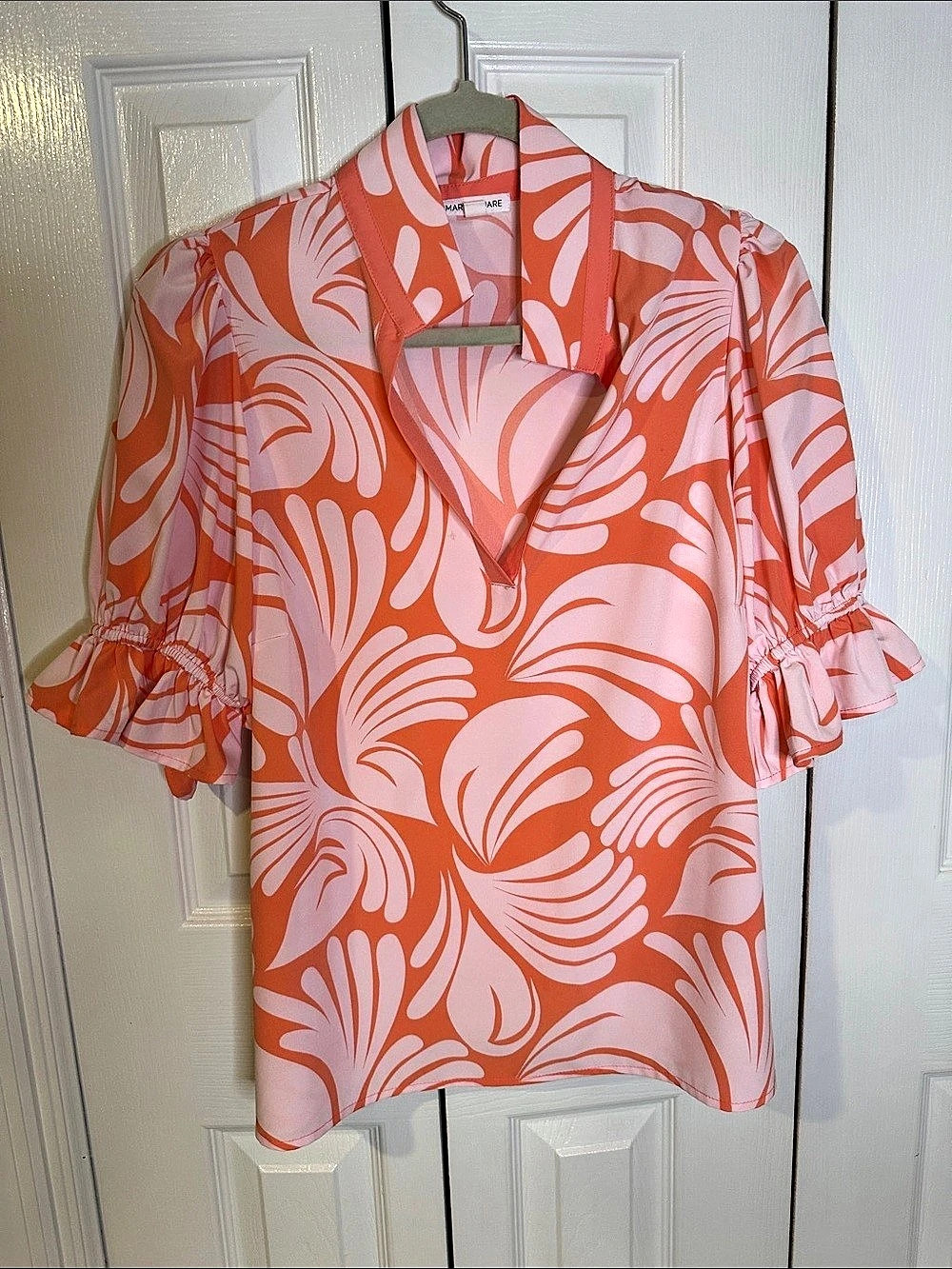 Mary Square Abstract Ruffle Sleeve Blouse in Pink & Orange Like New | M